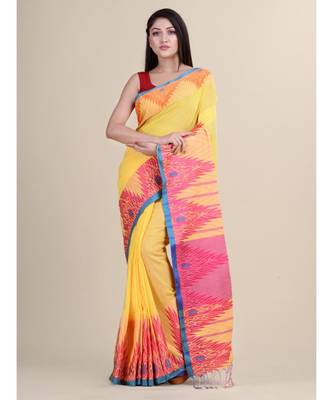 YELLOW & MULTI Pure Cotton Silk Hand Woven  Jamdani  Handloom   Saree 1
