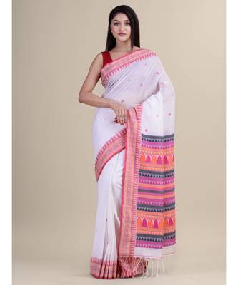 WHITE, PINK & MULTI Pure Cotton Silk Hand Woven Tant Jamdani  Handloom   Saree 1