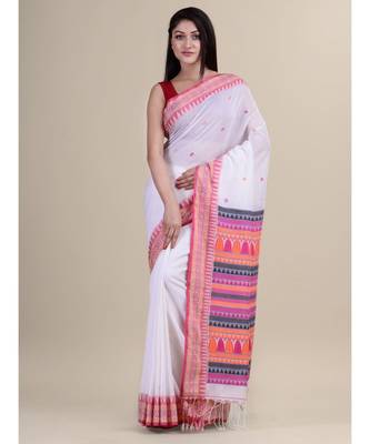 WHITE, PINK & MULTI Pure Cotton Silk Hand Woven Tant Jamdani  Handloom   Saree 5