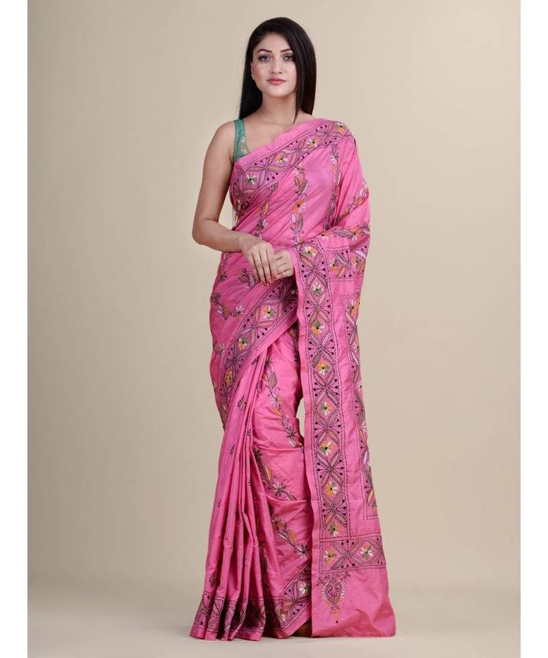 PINK Pure Cotton katha stitch art Silk Hand Woven Tant Jamdani  Handloom   Saree