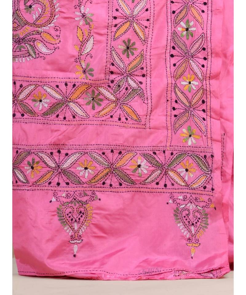 PINK Pure Cotton katha stitch art Silk Hand Woven Tant Jamdani  Handloom   Saree