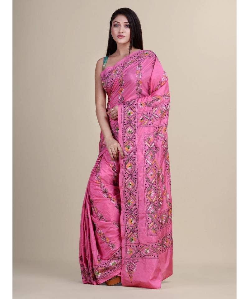 PINK Pure Cotton katha stitch art Silk Hand Woven Tant Jamdani  Handloom   Saree