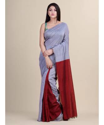 GREY & MAROON Pure Cotton Silk Hand Woven Tant Jamdani  Handloom   Saree 1