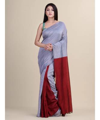 GREY & MAROON Pure Cotton Silk Hand Woven Tant Jamdani  Handloom   Saree 3