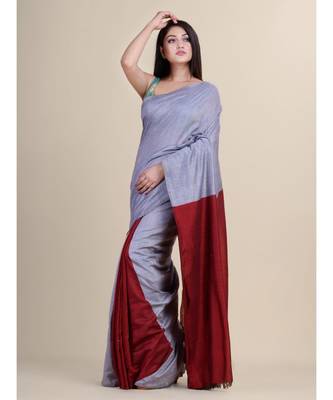 GREY & MAROON Pure Cotton Silk Hand Woven Tant Jamdani  Handloom   Saree 5