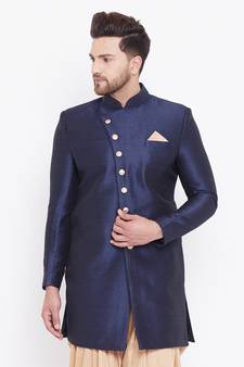 Blue Plain Silk Blend Sherwani
