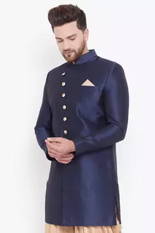 Blue Plain Silk Blend Sherwani