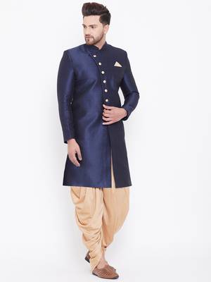 Blue Plain Silk Blend Sherwani 5