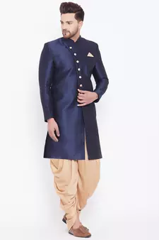 Blue Plain Silk Blend Sherwani