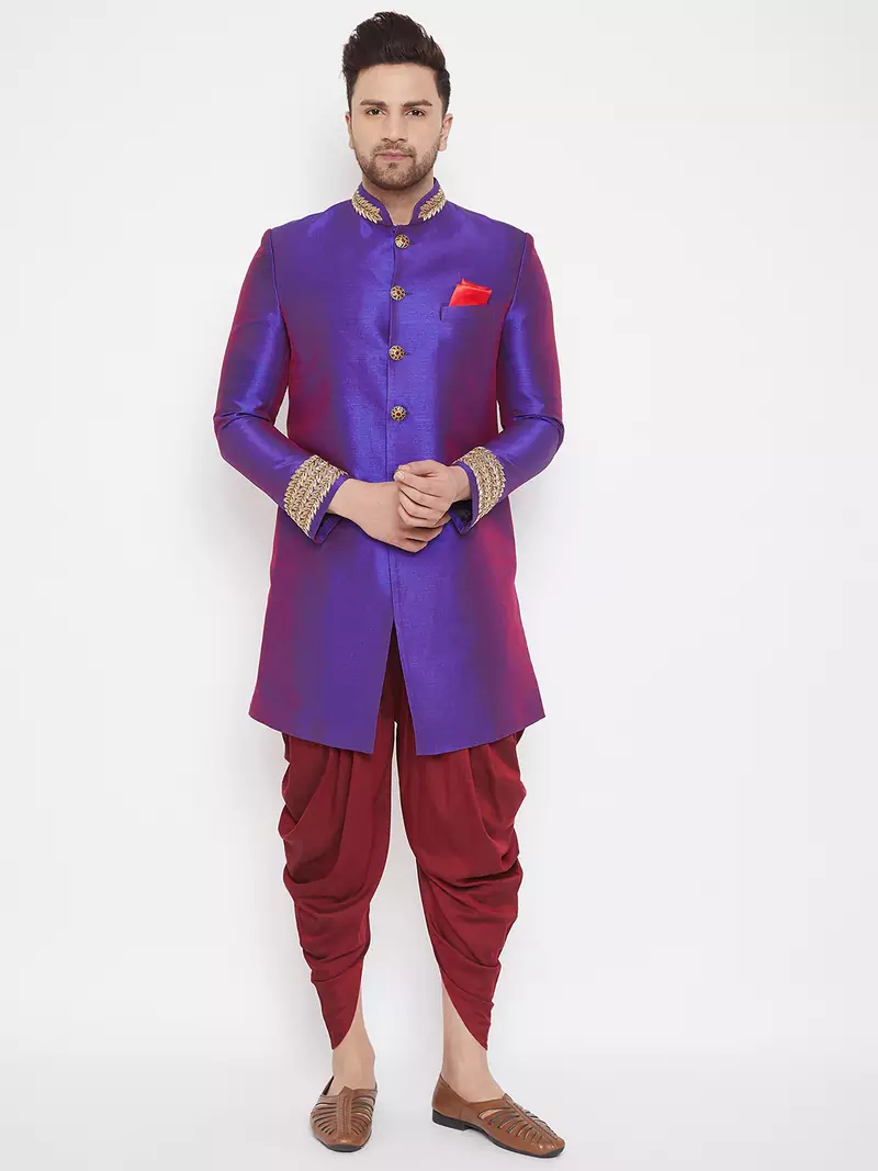 Purple plain silk blend sherwani