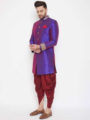 Purple plain silk blend sherwani 2