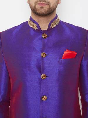 Purple plain silk blend sherwani 3
