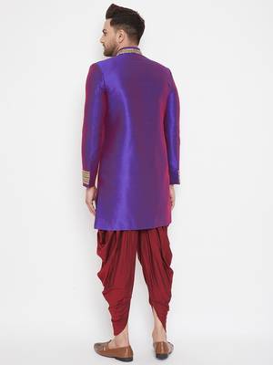 Purple plain silk blend sherwani 5