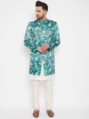Men'S Multicolor Base Blue Silk Blend Sherwani Set 1