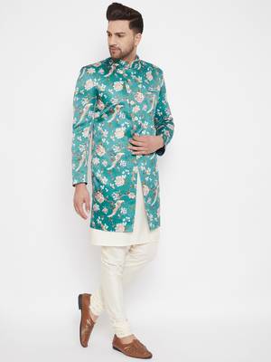 Men'S Multicolor Base Blue Silk Blend Sherwani Set 2