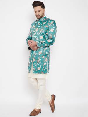 Men'S Multicolor Base Blue Silk Blend Sherwani Set 4