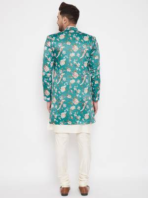 Men'S Multicolor Base Blue Silk Blend Sherwani Set 5