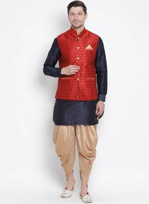 Blue Plain Silk Blend Dhoti-Kurta 1