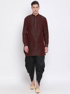 Red Plain Silk Blend Dhoti-Kurta 1
