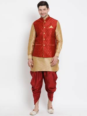 Gold Plain Silk Blend Dhoti-Kurta 1