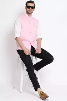 Pink Cotton Blend Nehru Jacket