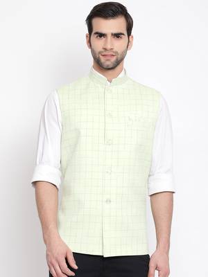 Green plain blended cotton nehru-jacket 1