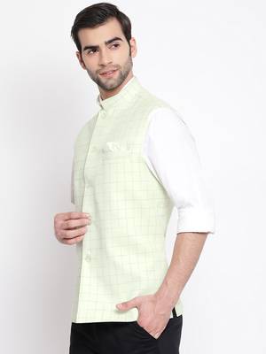 Green plain blended cotton nehru-jacket 2