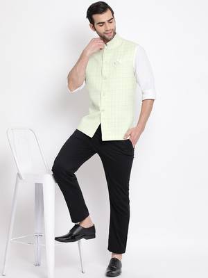 Green plain blended cotton nehru-jacket 5
