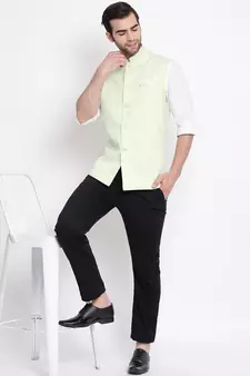 Green plain blended cotton nehru-jacket