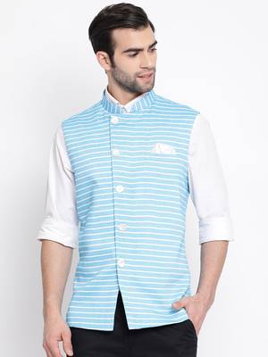 Men'S Blue Cotton Blend Nehru Jacket 1