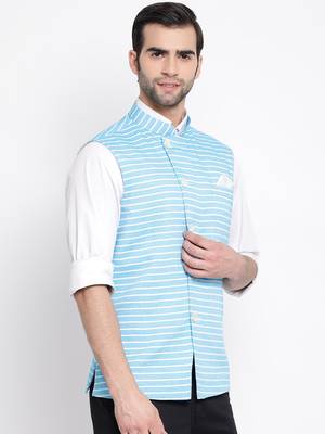 Men'S Blue Cotton Blend Nehru Jacket 2