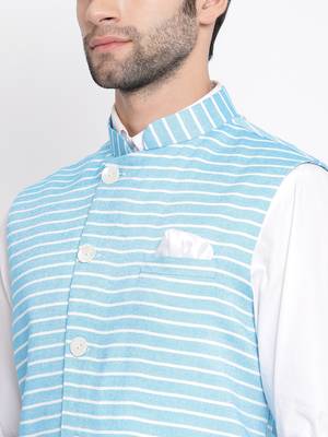 Men'S Blue Cotton Blend Nehru Jacket 3