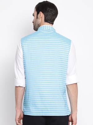 Men'S Blue Cotton Blend Nehru Jacket 4