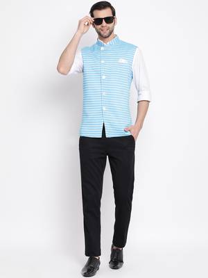 Men'S Blue Cotton Blend Nehru Jacket 5