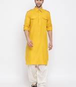 Yellow plain blended cotton pathani-suits