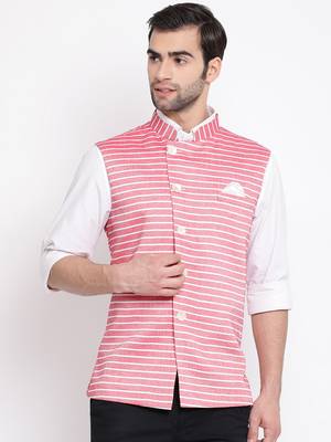 Men'S Red Cotton Blend Nehru Jacket 1