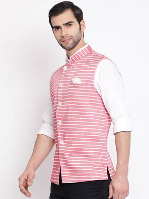 Men'S Red Cotton Blend Nehru Jacket 2