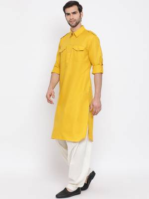 Yellow plain blended cotton pathani-suits 2