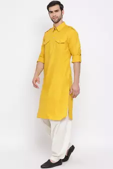 Yellow plain blended cotton pathani-suits