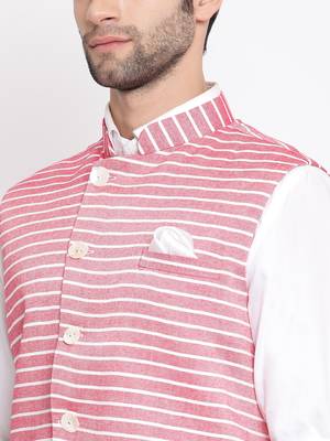 Men'S Red Cotton Blend Nehru Jacket 3
