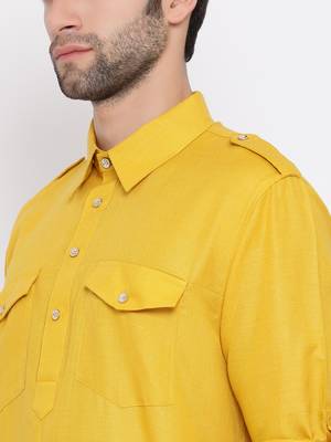 Yellow plain blended cotton pathani-suits 3