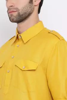 Yellow plain blended cotton pathani-suits