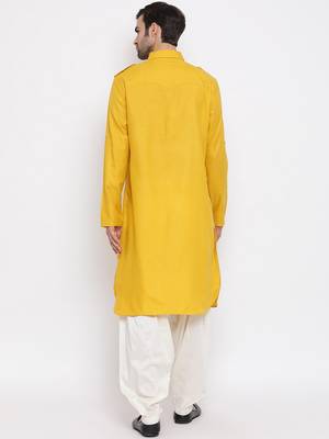 Yellow plain blended cotton pathani-suits 4