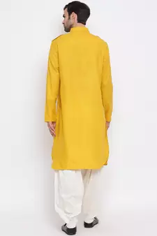 Yellow plain blended cotton pathani-suits