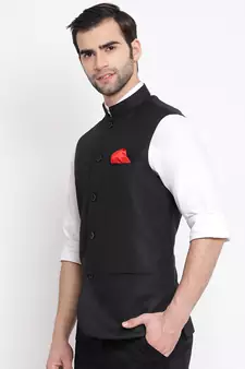 Black Cotton Silk Nehru Jacket