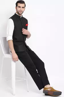 Black Cotton Silk Nehru Jacket