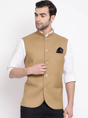 Beige Cotton Silk Nehru Jacket 1