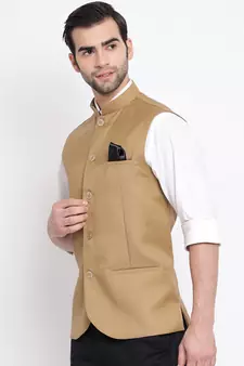 Beige Cotton Silk Nehru Jacket