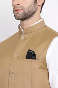 Beige Cotton Silk Nehru Jacket