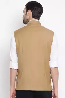 Beige Cotton Silk Nehru Jacket